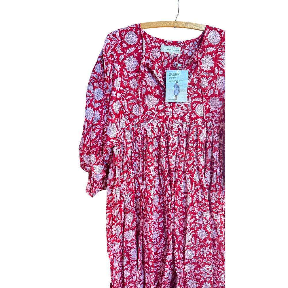 DAUGHTERS OF INDIA NWT Kyra Midi Dress Saffron Red Sz XL Block Print 100% Cotton - Picture 5 of 14